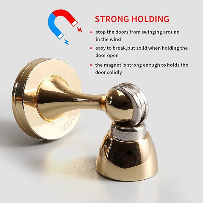 YAGU 2 Pack Magnetic Door Stoppers Holder, Zinc Alloy Bright Gold Door Stops Catch Wall Floor Mounted, Magnet Metal Soft-Catch
