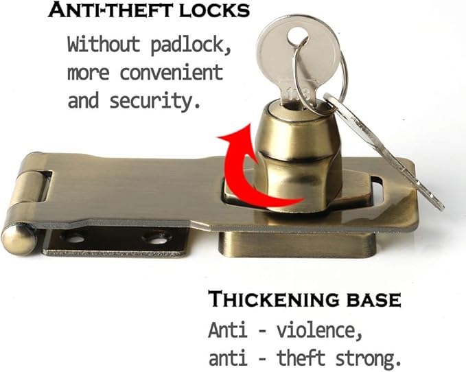 Alise Keyed Hasp Lock,4 Inch Safety Packlock Clasp Hasp Lock Latch with Lock,Door Hinge Lock with Keys Keyed Locking Hasp for Cabinets Closets Doors,Bronze