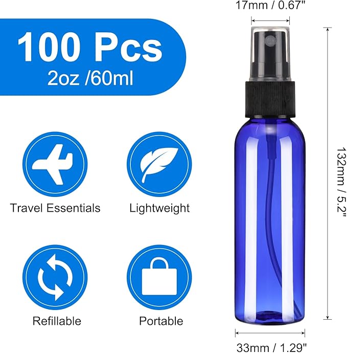 uxcell 100 Pack Spray Bottles, 2 Oz/60ML Reusable Clear Empty Mist Plastic Mini Travel Bottle Set,Small Refillable Liquid Containers for Household Use, Essential Oil(Blue Black)