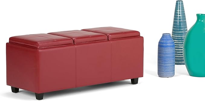 SIMPLIHOME Avalon 42 inch Wide Contemporary Rectangle Storage Ottoman in Red Vegan Faux Leather, Assembled, for the Living Room, Entryway and Family Room