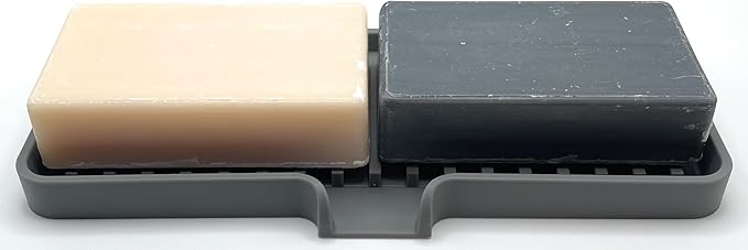 Happitasa Silicone Soap Dish Tray and Sponge Holder with Drain Chute | Bathroom and Kitchen Sink Organizer Caddy (Grey, 9"x3.5", 5.6 Ounces)