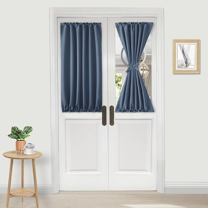 DWCN French Door Curtains – Rod Pocket Thermal Blackout Curtain for Doors with Glass Window, Kitchen and Patio Doors for Privacy, 25 X 40 Inches Long, 1 Curtain Panel with Tieback,Dusty Blue