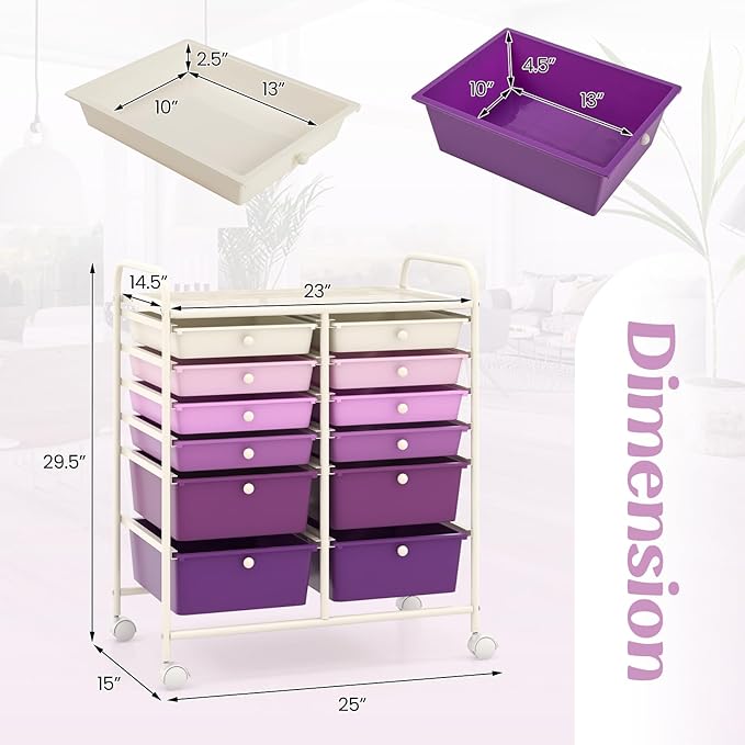 GOFLAME 12-Drawer Rolling Storage Cart, Multipurpose Organizer Cart with 2 Sizes Plastic Drawers, Mobile Utility Cart with Lockable Casters for School, Home Office, Beauty Salon, Purple Gradient