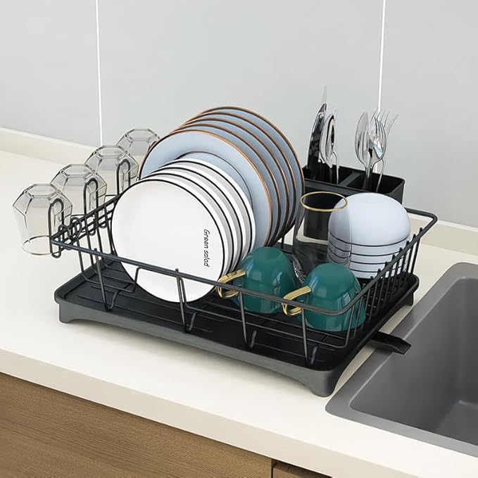 Dish Drying Rack - Expandable Dish Rack for Kitchen Counter, Dish Drainer for Kitchen Counter with Cutlery Holder, Drying Rack Fit for 14’’-21’’ Kitchen Sink