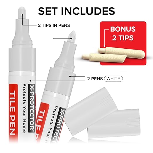 X-Protector Pen for Grout - 2 PCS, White - Ideal Grout Paint Pens to Make Grout White Again - Premium Grout Renew Pen with 2 Tips Types - Make Your Grouts Perfect Again!