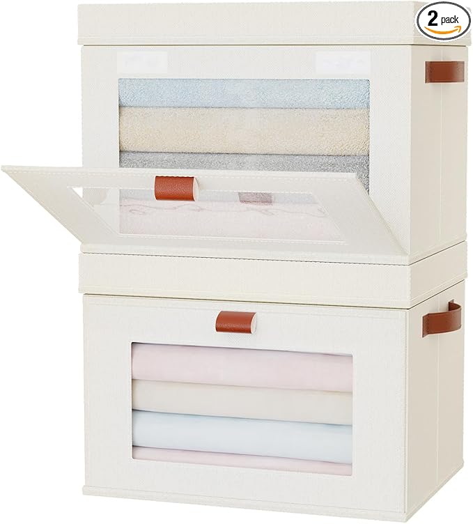 Large Storage Bins with Lids,Stackable&Collapsible Closet Storage Bins,Oxford Fabric Organizer Box with Clear Window,Large Decorative Storage Boxes for Shelves,Wardrobe,Living Room(Beige)