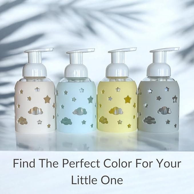 SoCal Suds & Company Glass Foaming Hand Soap Dispenser, Soft Grip Silicone Sleeve, Refillable Pump Bottle for Kids, Baby Wash & Shampoo, Ideal for Home Use, Light Grey 8oz