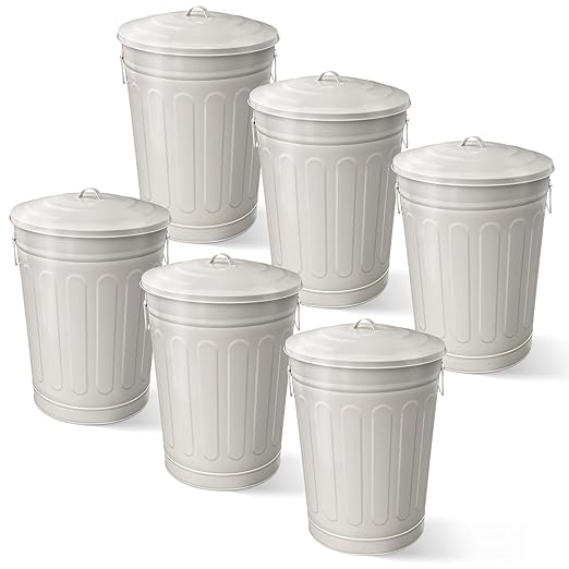 Plexon Round Trash Can 13 Gallon, Vintage Metal Outdoor Trash Can with Lid, Retro Farmhouse Garbage Container, Old School Modern Ash Bucket, Beige 6 Pack