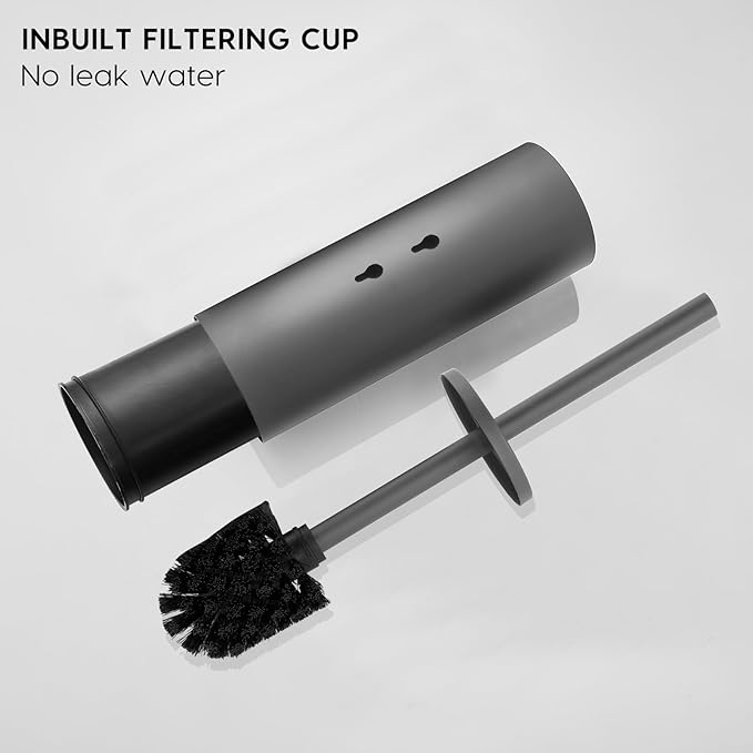 Stainless Steel Toilet Brush and Holder Set, No-Punch Hook Base Dual Purpose Toilet Brush Holder with Removable Inner Bucket and Splash Cover - Soft Bristles (Gray)