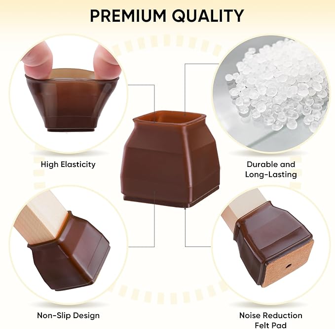 BALEINE 16 Pack Silicone Chair Leg Floor Protectors, Stool Leg Protectors Cap, Non-Slip Chair Leg Caps for Hardwood Floors (Brown & Small (Square), 16 Pack)
