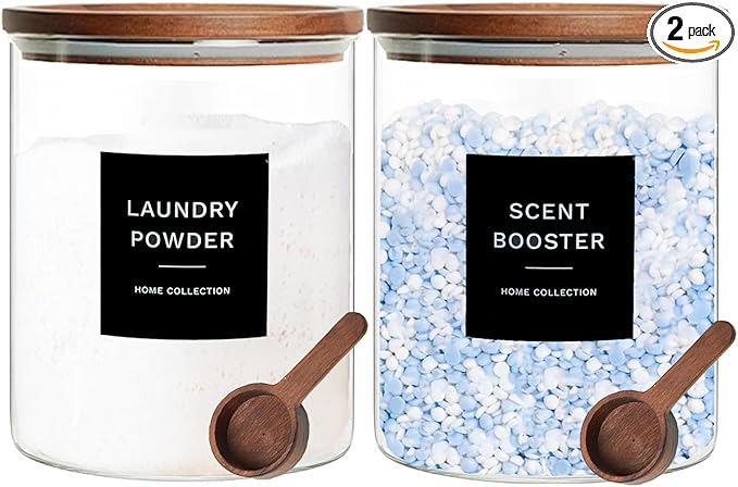 Glass Laundry Storage Containers with Acacia Lids and Scoops, 2 Pack Laundry Room Organization Jars with Labels, Powder Detergent Organizer and Laundry Pod Holder, Glass Laundry Beads Canisters Set