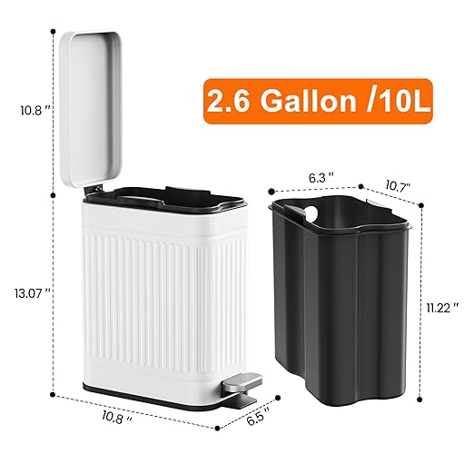 TrashAid Bathroom Trash Can with Lid, 2.6 Gallon Small Garbage Can Soft Close, Stainless Steel Step Waste Basket for Bathroom, Bedroom, Home Office, Laundry Room, Toilet, RV, White, 10 Liter