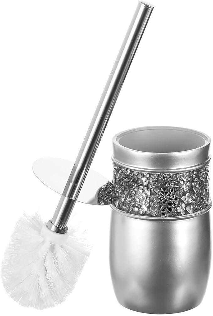 Crackled Glass Toilet Brush with Holder - Silver Toilet Bowl Cleaner Brush and Holder - Good Grip, Deep Cleaning, Decorative Design Compact Toilet Bowl Scrubber