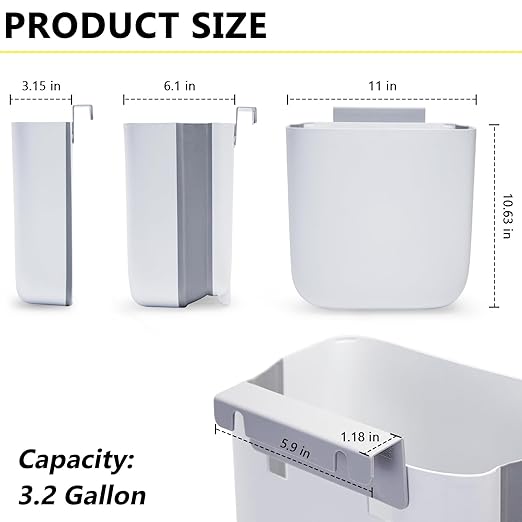 Soddeph 3.2 Gallon Foldable Hanging Trash Can with Lid for Cabinet Door,Kitchen Compost Bin,Wall-Mounted Plastic Garbage Can for Countertop or Under Sink, Bathroom and RV (White with lid)