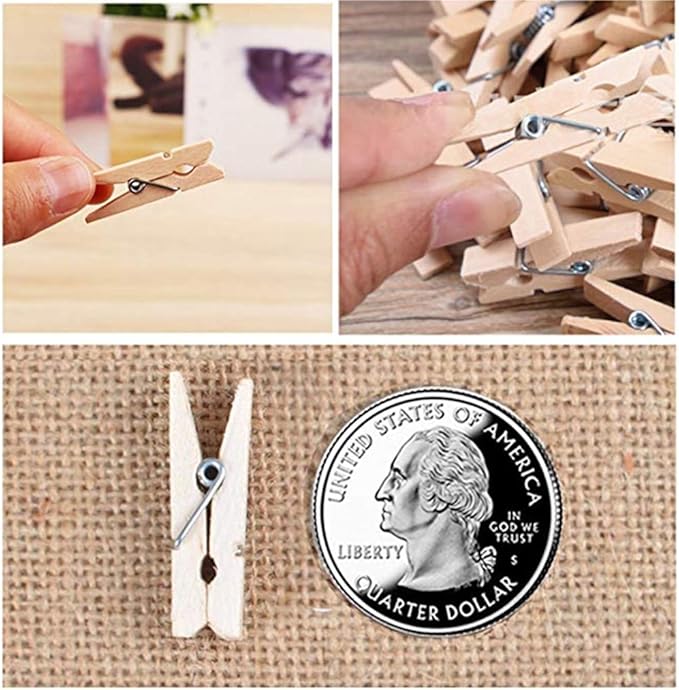 DurReus 50PCS 1.4inch Small Natural Wooden Clothespins for Pictures with Jute Twine Paper Peg Clips Photo Holders Hanging Crafts Home Wall Decor