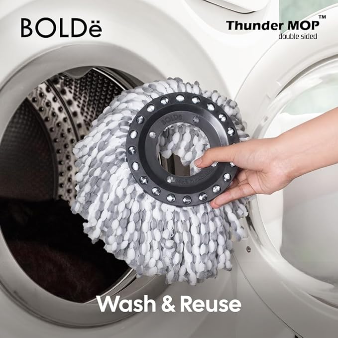 Thunder Mop Spin System - 2 Compact Stackable 6L Buckets, Microfiber Head, Stainless Steel Wringer, Antifungal Quick-Dry Cleaning, Soap Dispenser, 3 Free Refills (Black/Grey)