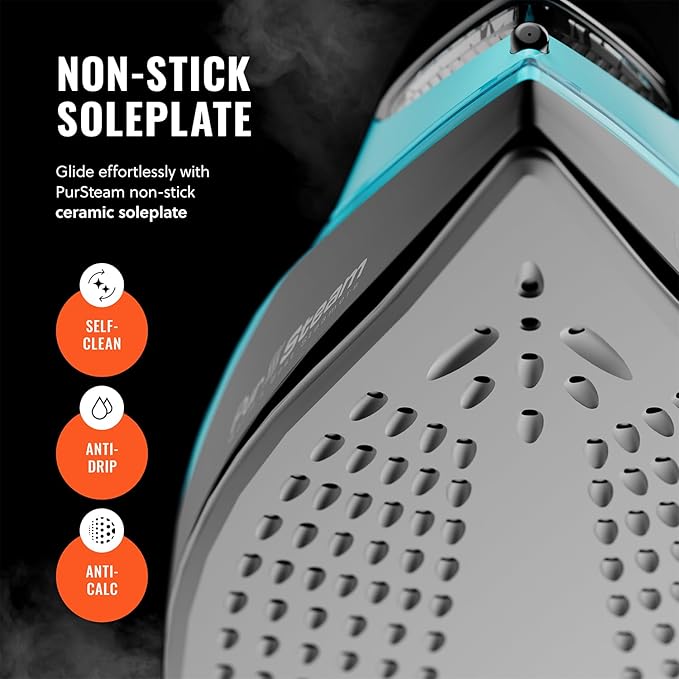 PurSteam SteamTech Elite 1750W Steam Iron, Digital Temp Control & LED Display, Ceramic Soleplate, Adjustable Steam, Self-Clean, Anti-Calc, Anti-Drip, Auto Shut-Off