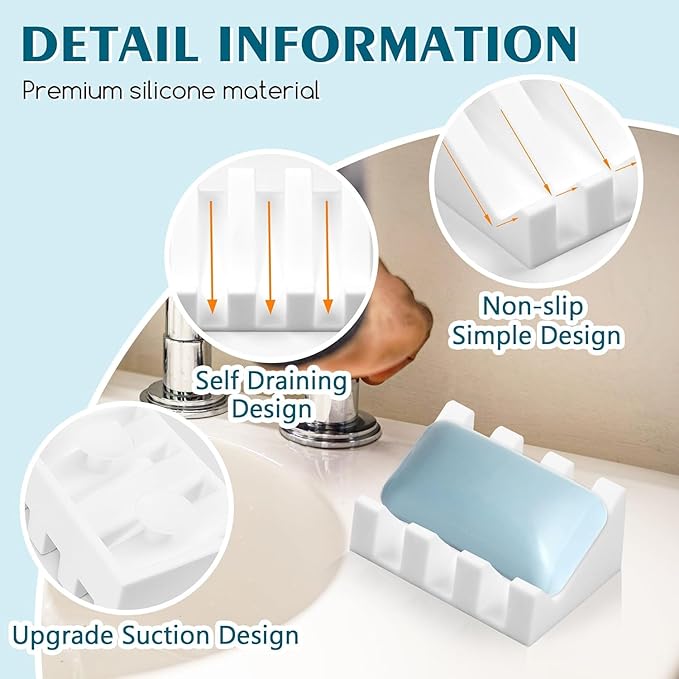 Silicone Soap Dish for Bar Soap Holder for Shower Bathroom Self Draining Waterfall Drying Tray Keep Soap Bars Dry Clean & Easy Cleaning (White, 2)