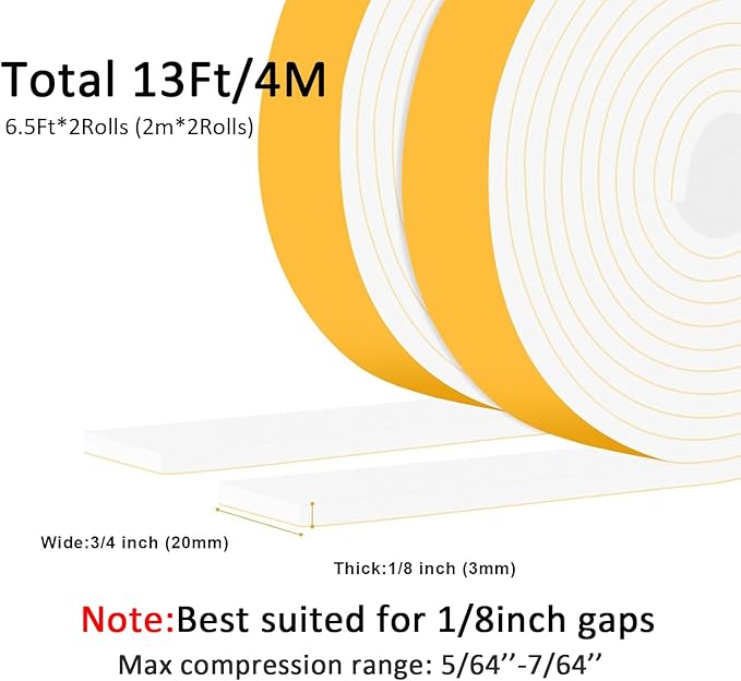 Closed Cell Weather Stripping for Various Door Seal and Window Insulation, Foam Strips Self Adhesive, SoundProof Weatherproof AC Seal, Shock-Absorbing, Winterizing (3/4 in x 1/8 in x 13Ft)