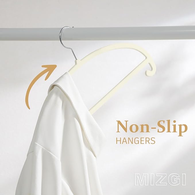 MIZGI 50 Pack Ivory Velvet Hangers - No Shoulder Bumps, Heavy Duty Non-Slip Chrome Hooks for Jackets, Coats, Pants