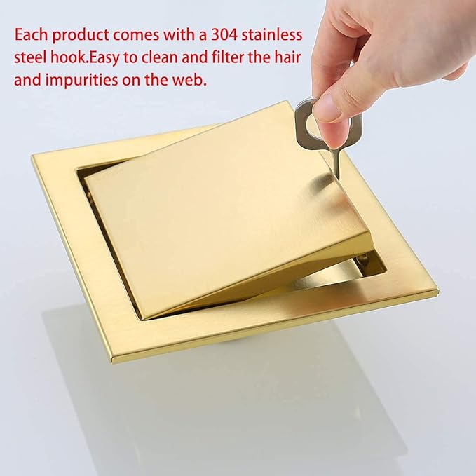 RANDOM Brushed Gold Shower Drain Square with Adjustable Base Flange,SUS304 Stainless Steel 6 inch Floor Drain Kit with Tile Insert Flat Shower Drain Cover & Threaded Adapter.98728BG-S