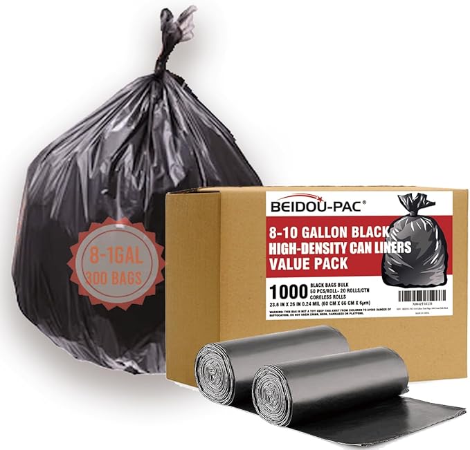 8-10 Gallon Trash Bags, 1000 Count Bulk Value Pack, Black Garbage bags, Multi-purpose Trash Can Bin Liners for Bathroom, Office, Industrial, Commercial, Janitorial, Municipal, Recycling