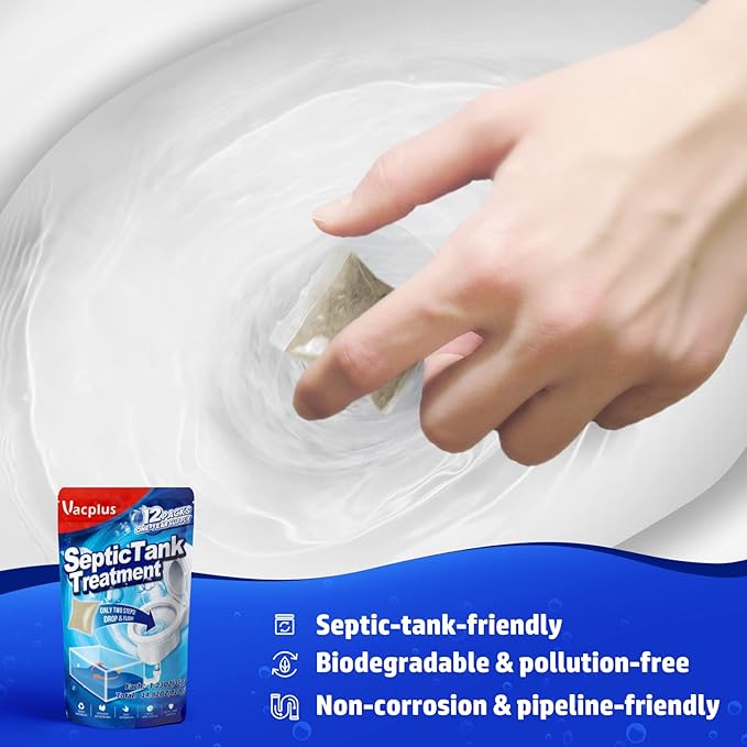 Vacplus Septic Tank Treatment 12 Pcs for 1-Year Supply, Dissolvable Packs with Easy Operation, Durable Biodegradable Enzymes for Wastes, Greases & Odors, Brown, 3x Efficiency