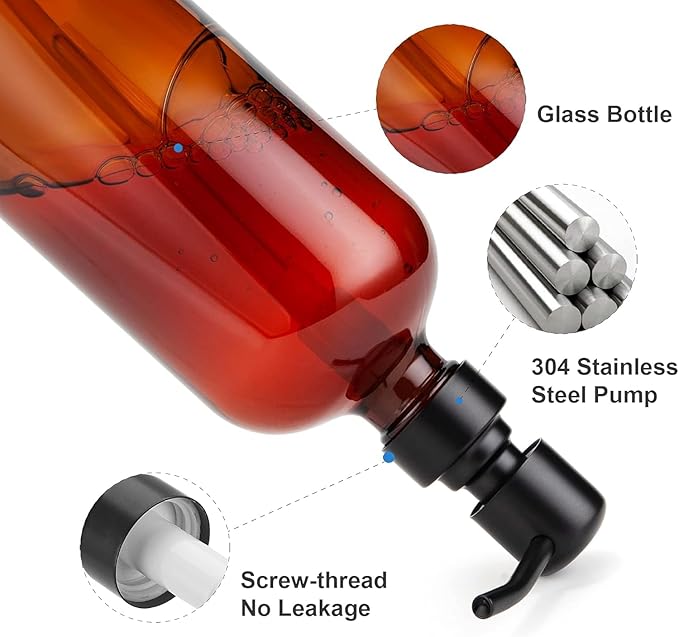 AmazerBath Amber Glass Soap Dispenser, 2 Pack Soap Dispenser Set with Stainless Steel Pump, Vintage Liquid Brown Soap Dispensers Bottle, 17 Oz Dish Soap and Hand Soap Dispensers for Bathroom Kitchen