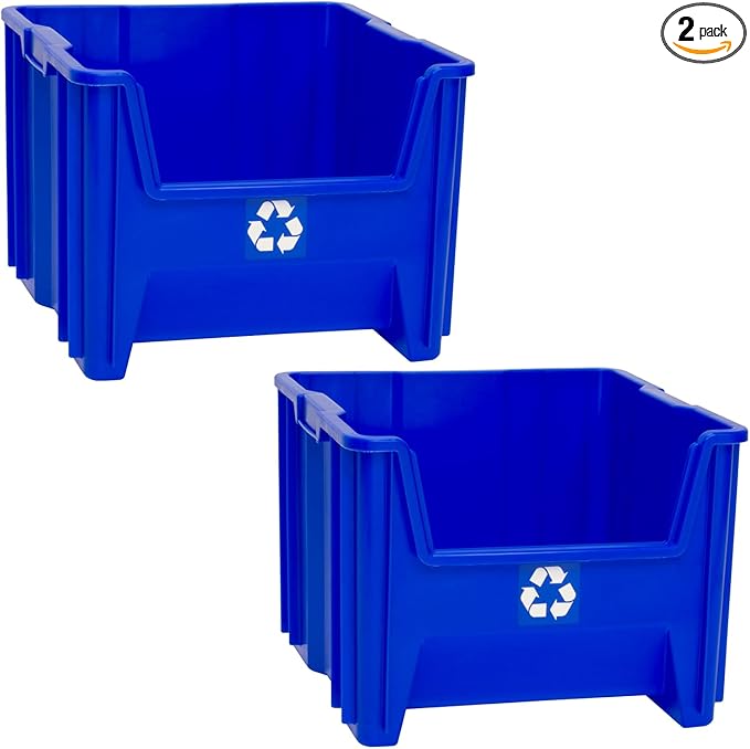 Commercial Industrial Heavy Duty Stackable Open-Front Recycling Bin Box Containers, 12 Gallon, 2 Pack, Blue