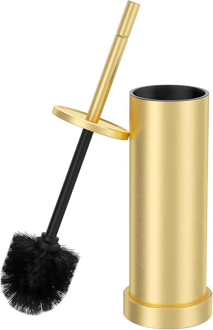 Toilet Brush and Holder Set: 304 Stainless Steel Brushed Gold Toilet Bowl Brush and Holder with Removable Inner Bowl and Splash Protection, Heavy Duty Long Handle Bathroom Cleaning Tool