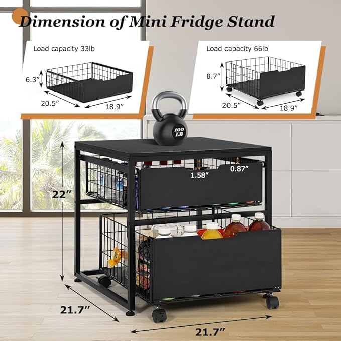 Mini Fridge Stand with Storage Drawer, 21.7”x21.7” Heavy Duty Mini Fridge Table with Wheels, Rolling Beverage Cart with Basket for Home, Office, Bedroom