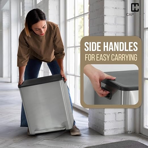 CAPHAUS Black Dual Trash Can w/Single Lid, Trash & Recycle Bins Combo, Hands-Free Stainless-Steel Garbage Can for Kitchen, with 2 Compartment, Hinged Lid, Odor Filters, Handles, 25L+25L, 2 x 6.6 Gal