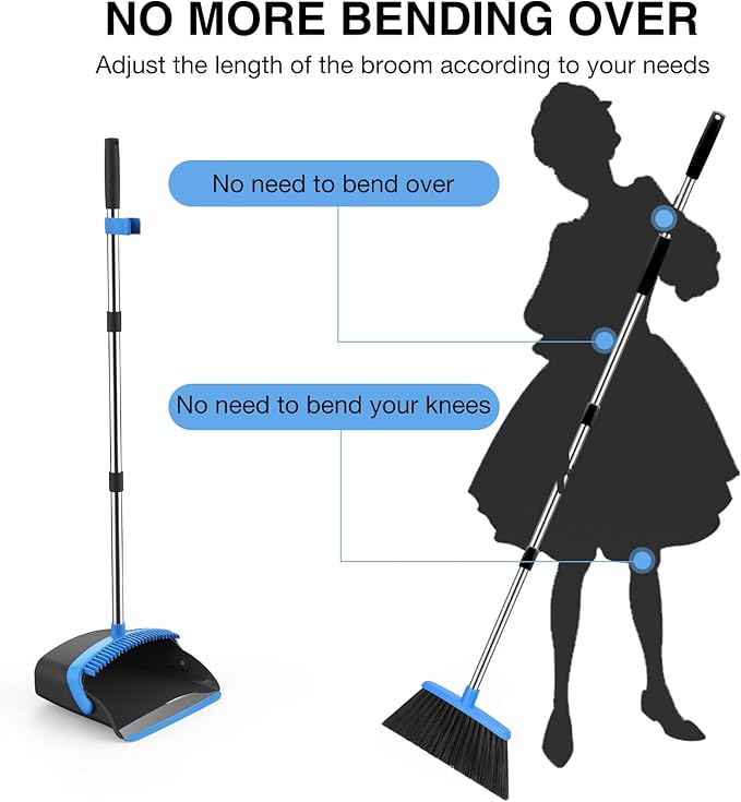 NACENA Broom and Dustpan Set, 52-in Long Adjustable Handle Broom Dustpan Combo with Dustpan Teeth to Automatically Clean Hair Suitable for Home Kitchen Office Hall Floor（Black&Blue）