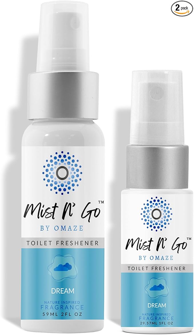 Mist N' Go by Omaze Travel Toilet Spray - Odor Eliminator and Bathroom Air Freshener Deodorizer - Dream Daily Pack (2oz x1 + 1oz x1)