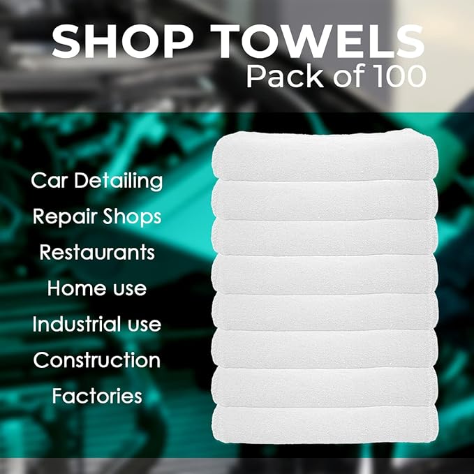 Avalon Towels Cotton Shop Rags – (Pack of 100) Size 12x14 Inches Cleaning Rags – Absorbent Shop Towels and Multipurpose Cleaning Towels for Automobiles, Industries, Garage and Homes (White)