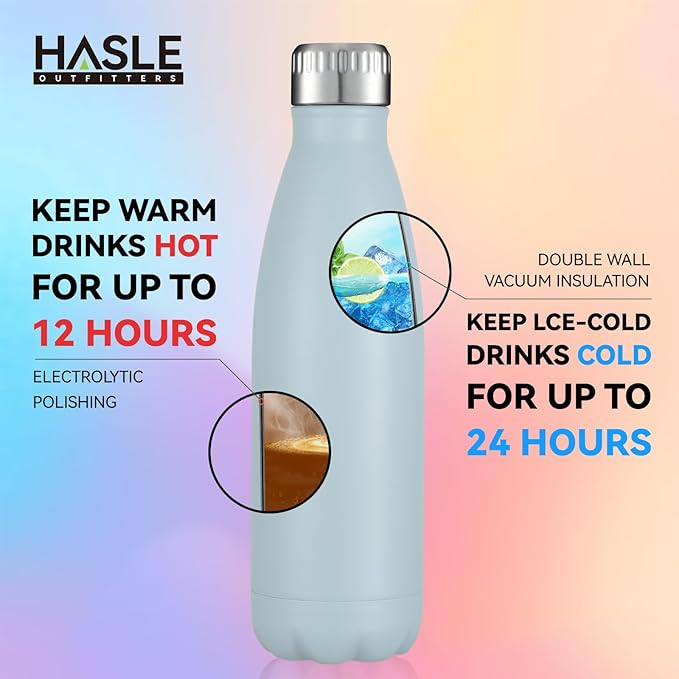 HASLE OUTFITTERS 17oz Stainless Steel Water Bottles Bulk, Vacuum Insulated Water Bottles Double Walled Reusable Metal Sports Water Bottles Keep Drinks Hot and Cold, Light Blue, 4Packs