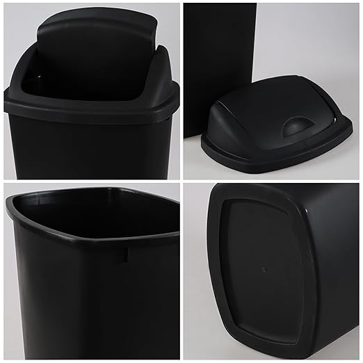 Teyyvn 6 Gallon Plastic Flip Lid Trash Can for Kitchen, Black Plastic Garbage Bin with Swing Lid, Pack of 4