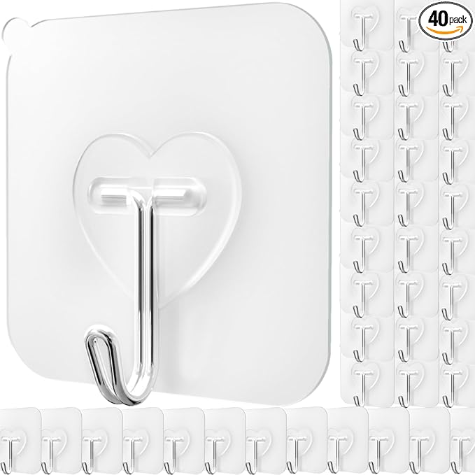 DGYB 40 Pcs Clear Adhesive Hooks for Hanging 22lb Self Adhesive Wall Hooks Heavy Duty Waterproof Transparent Sticky Hooks for Shower Home Bathroom Kitchen Office