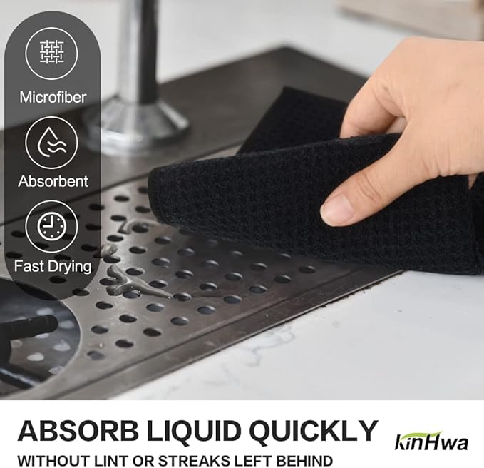 KinHwa Microfiber 6 Pack Dish Cloths Thick Waffle Weave Kitchen Dish Drying Towel Rags Super Absorbent Kitchen Tea Towels Sets 12inch x 12inch Black