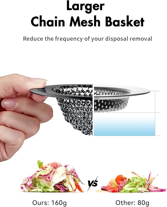 Sink Drain Strainer (Black): Flexible Anti-Slip Chainlink, 304 Stainless Steel. Upgraded Clog-Free, Easy-Clean Catcher for Kitchen Garbage Disposal