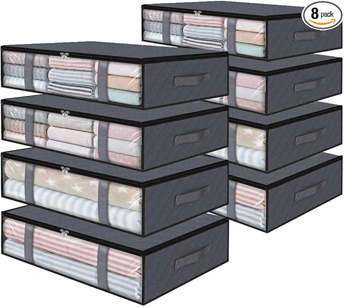 StorageRight Under Bed Storage Bins, 8-Pack 40L Foldable Fabric Storage Bags with Transparent Window, Breathable Organizer for Clothes/Blanket/Comforter/Quilt, Grey