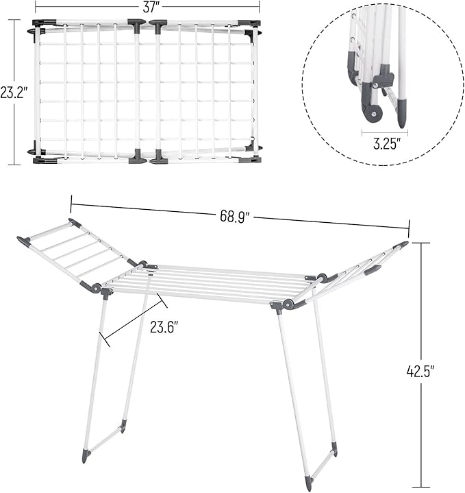 Clothes Drying Rack, Gullwing Laundry Rack, Collapsible, Space-Saving Laundry Rack, with Sock Clips, for Clothes, Towels, Linens, Indoor/Outdoor