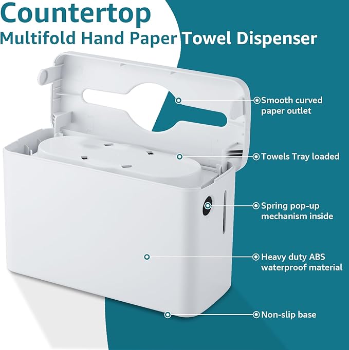 Trifold Paper Towel Dispenser Countertop, 300-Sheet Large Capacity for Multifold Paper Towel, White Heavy Duty Wide-Design