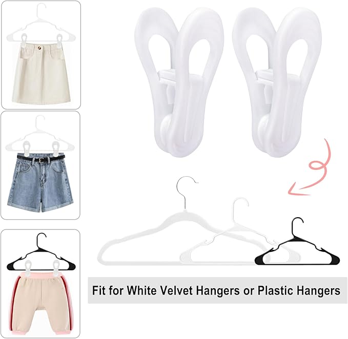 White Hanger Clips 60 Pack, Multi-Purpose Plastic Hangers Clips Perfect for Plastic Velvet Hangers, Clothes Pins Finger Clip for Skirt Pants