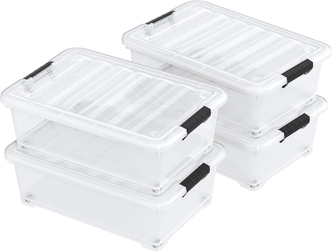 20 Quart Clear Plastic Under Bed Storage Bin, 4-Pack Plastic Storage Box with Wheels Under the Bed