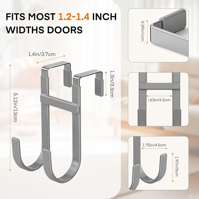 FYY Over The Door Hooks - 2 Pack Heavy Duty Dual-Hook Organizer Hanger with Non-Slip Rubber for Towels, Clothes, Hats & Bags Use in Bathroom, Bedroom, Kitchen - Fits Interior Doors Up to 1 3/8" Grey