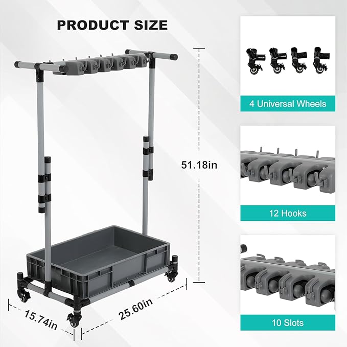 Rolling Cleaning Cart with Mop & Broom Organizer,Movable Floor-Mounted Mop Rack Floor Standing Cleaning Tool Cart with Wheels for Housekeeping, Garage &Garden