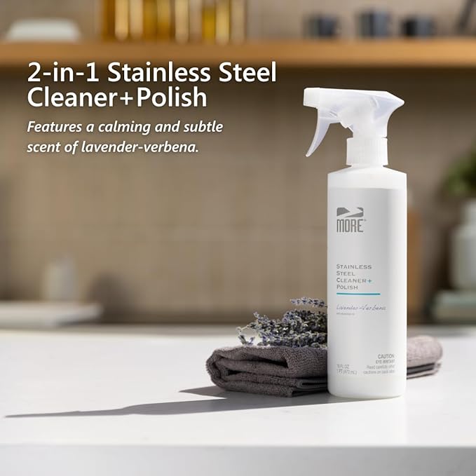 MORE - Stainless Steel Cleaner & Polish Spray + Microfiber Cloth - Stainless Steel Cleaner for Appliances, Sink, Fridge & Grill - Water-Based Streak-Free Formula - Lavender Essential Oil Scent 16 oz
