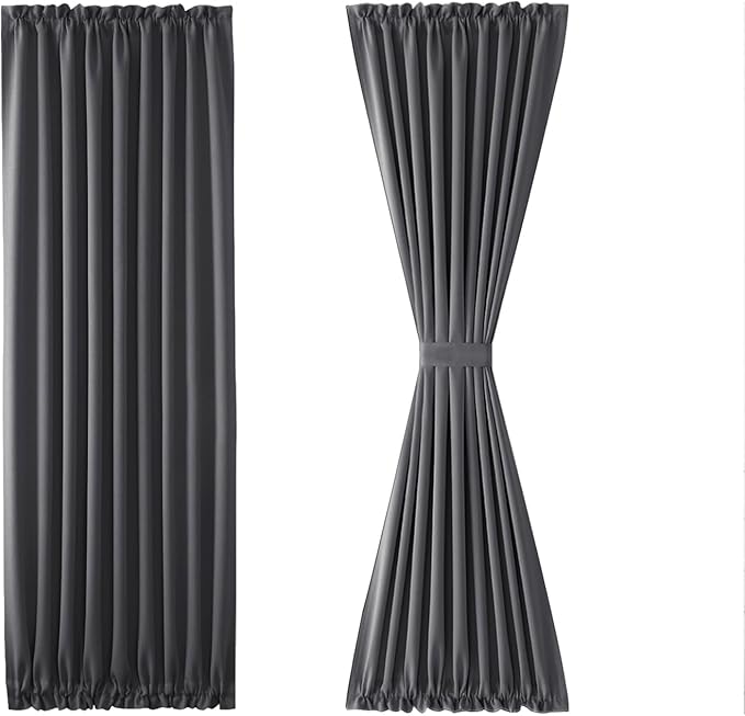 DWCN French Door Curtains – Rod Pocket Thermal Blackout Curtain for Doors with Glass Window, Kitchen and Patio Doors for Privacy, 36 X 80 Inches Long, 1 Curtain Panel with Tieback, Dark Grey