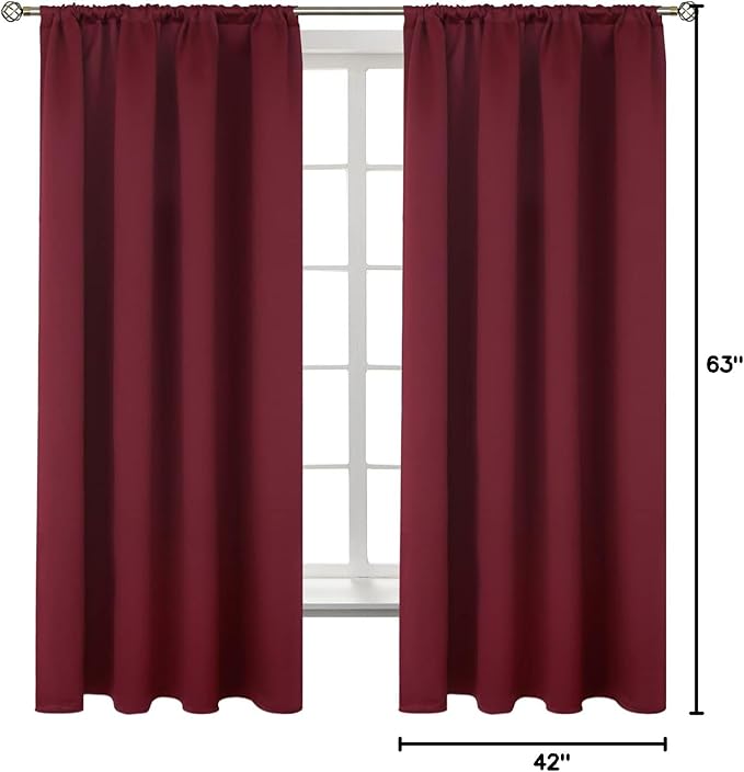 BGment Burgundy Blackout Curtains 63 Inch Length for Bedroom - Rod Pocket Thermal Insulated Room Darkening Curtain for Living Room, 42 x 63 Inch, 2 Panels